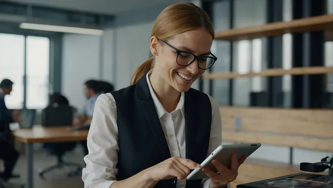 Woman in business dress smiling at tablet